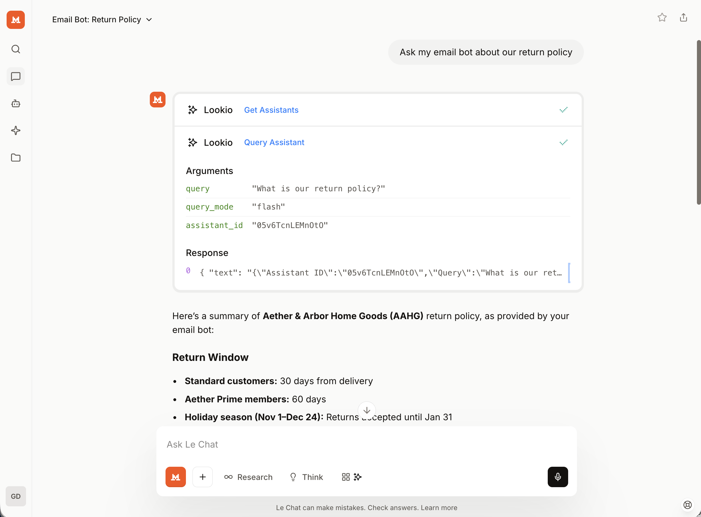 Lookio MCP queries running in Mistral Chat